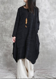 Boutique Black Cotton Linen Caftans Oversized O Neck Asymmetric Traveling Dress Vintage Long Sleeve Baggy Dresses