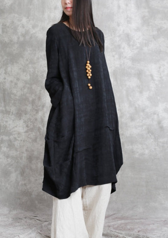 Boutique Black Cotton Linen Caftans Oversized O Neck Asymmetric Traveling Dress Vintage Long Sleeve Baggy Dresses