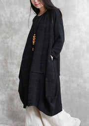 Boutique Schwarzer Baumwoll-Leinen-Kaftan, übergroßes, asymmetrisches Reisekleid mit O-Ausschnitt, Vintage-Langarm-Baggy-Kleider