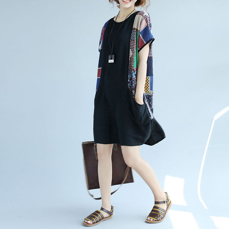 boutique black cotton shift dress trendy plus size casual dress casual big pockets patchwork knee dresses