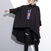boutique black embroidery cotton tops oversized traveling clothing vintage low high batwing sleeve cotton t shirt