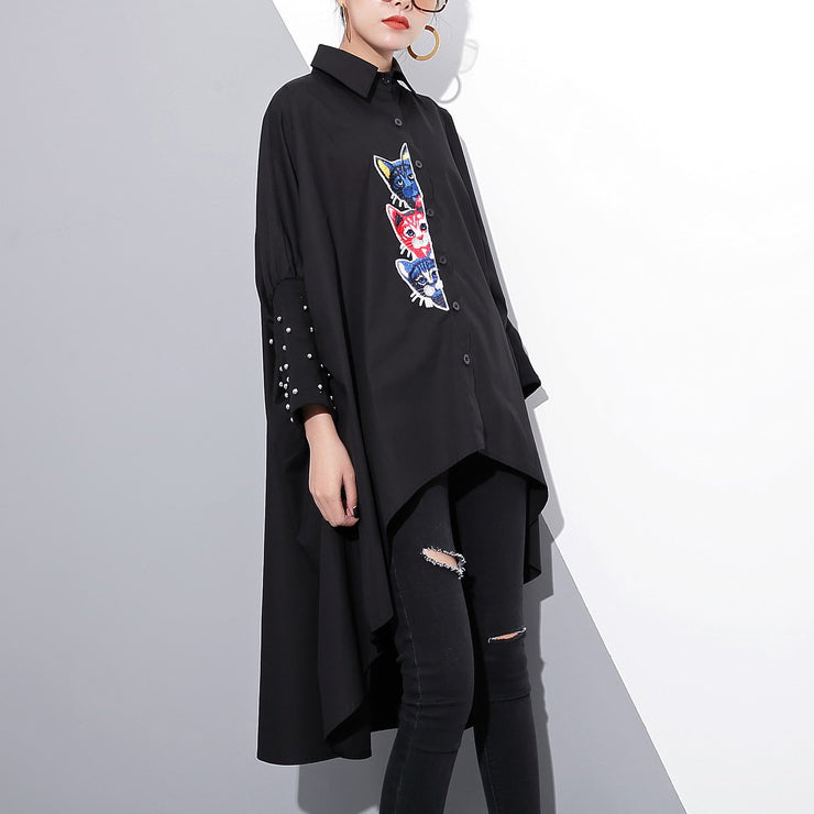boutique black embroidery cotton tops oversized traveling clothing vintage low high batwing sleeve cotton t shirt