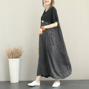 Boutique schwarze lange Leinenkleider lässiges Patchworkkleid Frauen O-Ausschnitt Seidenleinenkaftane