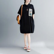 boutique black natural cotton dress oversized cotton dress Elegant short sleeve Turn-down Collar clothing dress