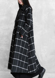 boutique black plaid wool coat for woman Loose fitting Notched tie waist Winter coat - SooLinen