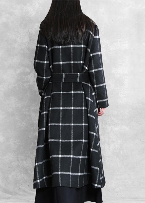 boutique black plaid wool coat for woman Loose fitting Notched tie waist Winter coat - SooLinen