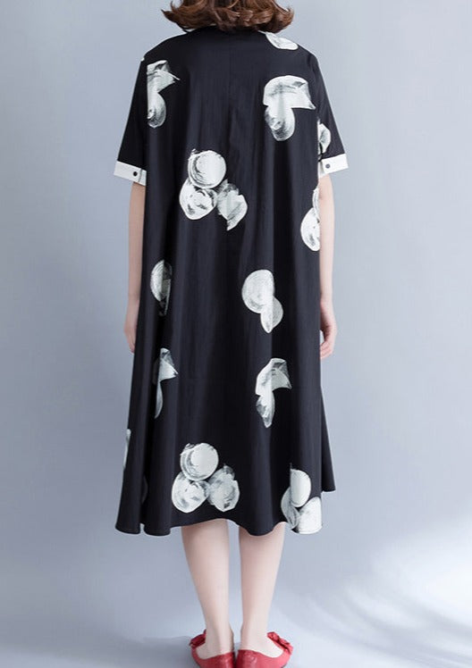 Boutique Black Prints Pure Chiffon Dress Oversize Chiffon Clothing Dresses Fine Big Hem Lapel Collar Chiffon Shirt Dress