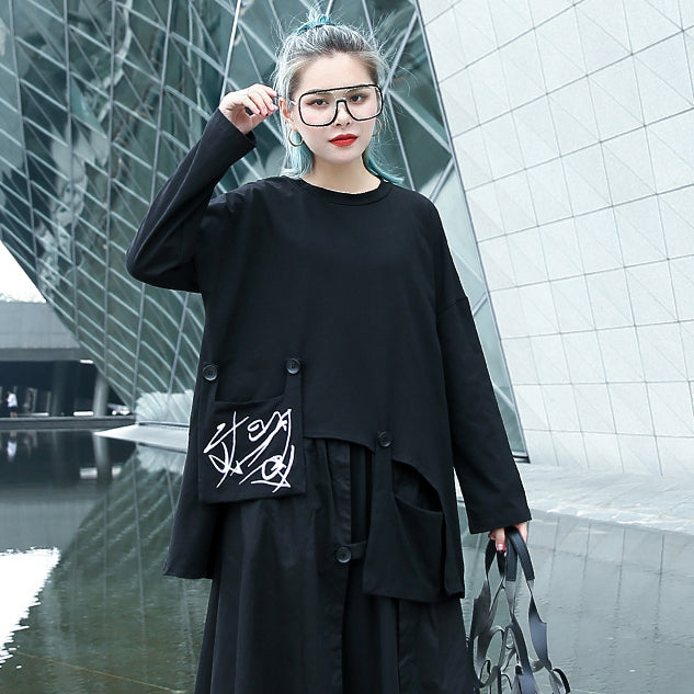 boutique black pure blouse plus size O neck pockets cotton t shirt vintage asymmetrical design clothing