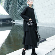 boutique black pure blouse plus size O neck pockets cotton t shirt vintage asymmetrical design clothing
