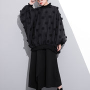 boutique black pure cotton blouse plus size traveling clothing Elegant fuzzy ball decorated cotton blouses