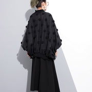 boutique black pure cotton blouse plus size traveling clothing Elegant fuzzy ball decorated cotton blouses
