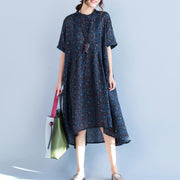 boutique blue Plaid natural cotton linen dress plus size Stand baggy dresses boutique short sleeve asymmetrical design dresses