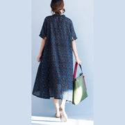 boutique blue Plaid natural cotton linen dress plus size Stand baggy dresses boutique short sleeve asymmetrical design dresses