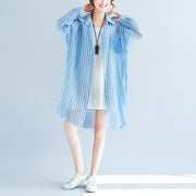 Boutique blaues Baumwoll-Etuikleid plus Größen-Baumwollkleidungskleider Neues gestreiftes Hemdkleid mit Reverskragen