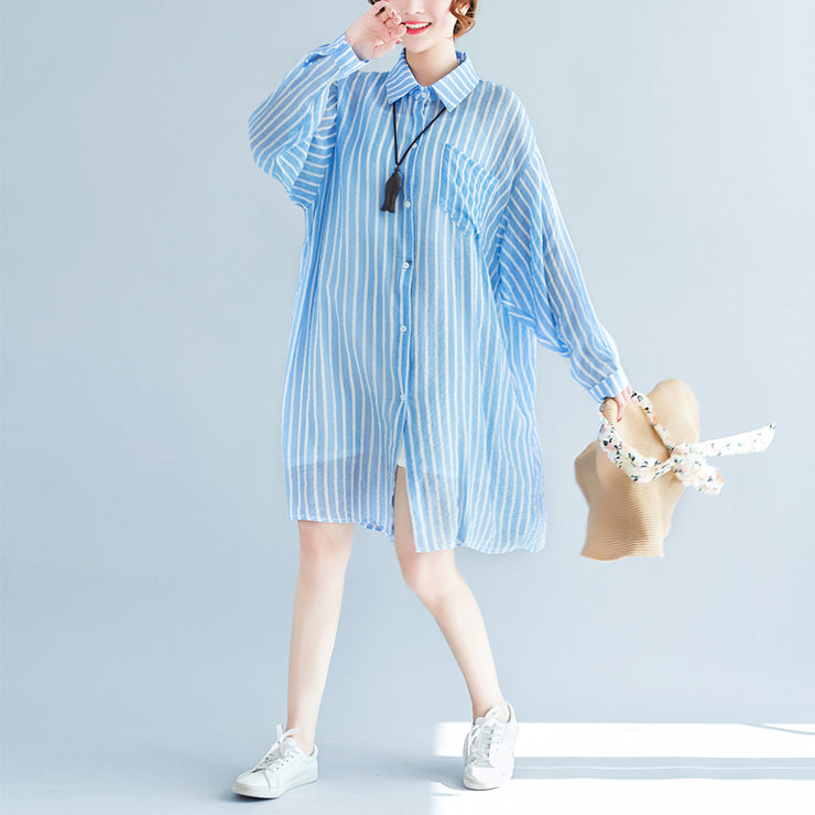 Boutique blaues Baumwoll-Etuikleid plus Größen-Baumwollkleidungskleider Neues gestreiftes Hemdkleid mit Reverskragen