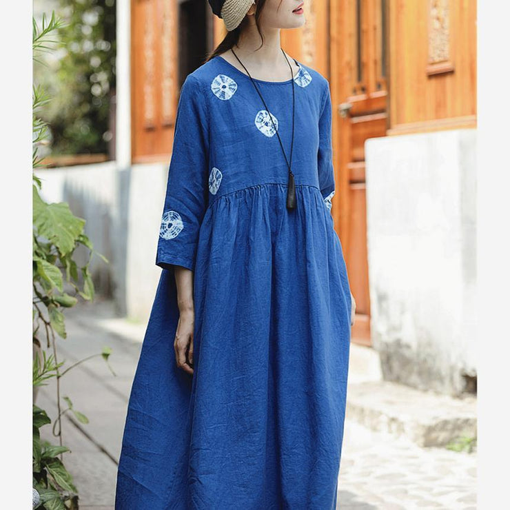 Boutique-Leinenkleider mit blauem Druck, übergroße Leinenkleider mit O-Ausschnitt, Vintage-Leinenkleider mit Dreiviertelärmeln und großem Saum