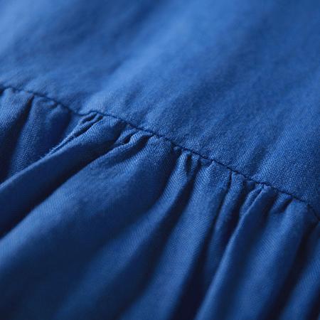 Boutique-Leinenkleider mit blauem Druck, übergroße Leinenkleider mit O-Ausschnitt, Vintage-Leinenkleider mit Dreiviertelärmeln und großem Saum