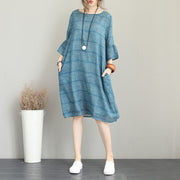 boutique blue pure linen dresses trendy plus size linen maxi dress Elegant o neck flare sleeve linen dresses