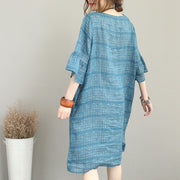 boutique blue pure linen dresses trendy plus size linen maxi dress Elegant o neck flare sleeve linen dresses