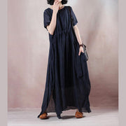 boutique blue silk linen dresses plus size o neck baggy dresses tie waist caftans vintage short sleeve a line skirts