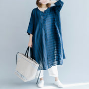 boutique blue striped linen maxi dress trendy plus size O neck baggy dresses gown Fine half sleeve side open maxi dresses