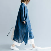 boutique blue striped linen maxi dress trendy plus size O neck baggy dresses gown Fine half sleeve side open maxi dresses