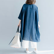 Boutique-blau gestreiftes Maxikleid aus Leinen, trendy plus Größe, O-Ausschnitt, Baggy-Kleider, feine, seitlich offene Maxikleider mit halben Ärmeln