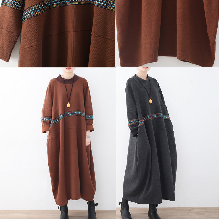 boutique brown sweater dress fall fashion patchwork pullover fine high neck winter dress