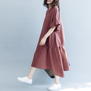 boutique burgundy cotton linen dress oversized O neck drawstring traveling clothing Fine Petal Sleeve baggy dresses