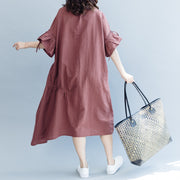 Boutique-Burgunder-Baumwoll-Leinen-Kleid, übergroße Reisekleidung mit Kordelzug, O-Ausschnitt, feine Blütenblattärmel, Baggy-Kleider