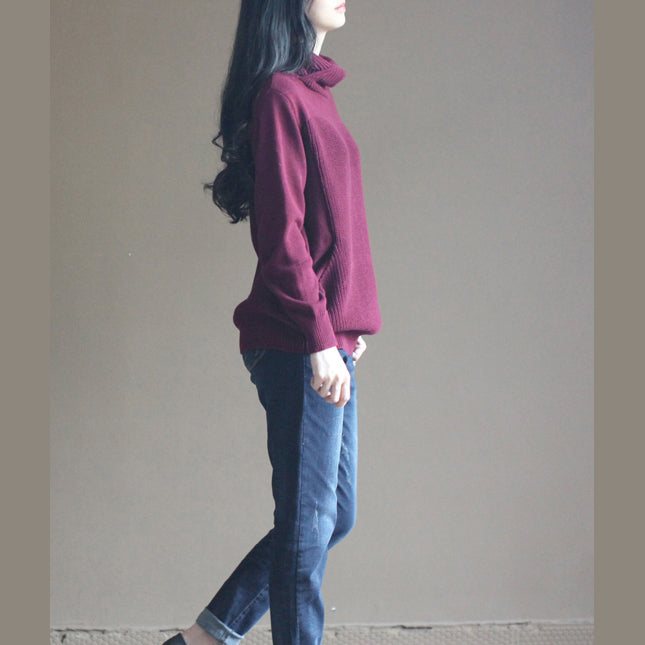 boutique burgundy winter sweater Loose fitting knitted tops Elegant thick blouse long sleeve