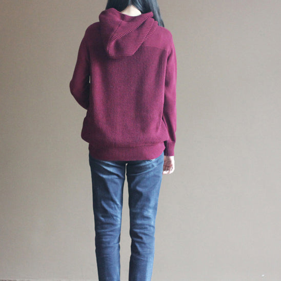 boutique burgundy winter sweater Loose fitting knitted tops Elegant thick blouse long sleeve