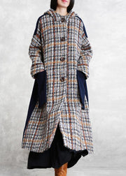 boutique casual long winter coat blue plaid patchwork hooded wool overcoat - SooLinen