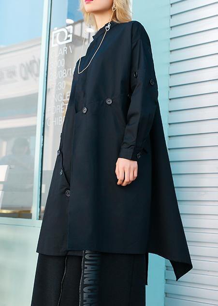 boutique casual medium length stand collar women coats black asymmetric coats - SooLinen