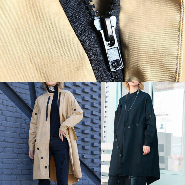 boutique casual medium length stand collar women coats black asymmetric coats - SooLinen