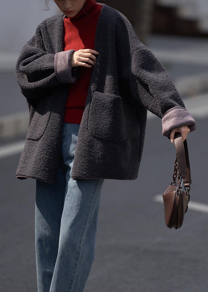 boutique dark gray Woolen Coats casual winter jackets v neck pockets women coats - SooLinen