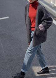 boutique dark gray Woolen Coats casual winter jackets v neck pockets women coats - SooLinen