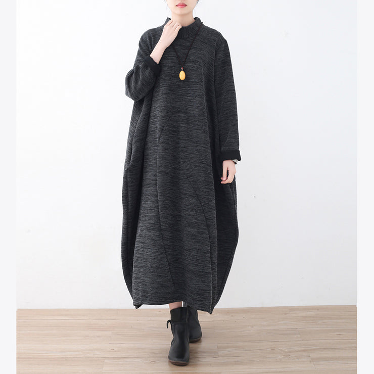 boutique dark gray knit dresses Loose fitting asymmetrical pullover vintage high neck dress