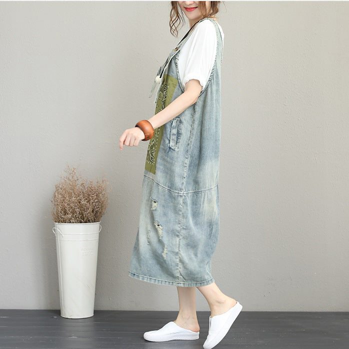 Boutique-Denim hellblaues Kleid aus natürlicher Baumwolle übergroßes ärmelloses Kleid Vintage-Patchwork-Drucke Kleider