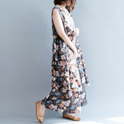 Boutique-Blumen Midi-Länge Baumwoll-Leinen-Kleid Oversize-Reisekleid Vintage Ärmellose Baggy-Kleider O-Ausschnitt Cinched-Baumwollkleider