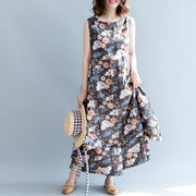 boutique floral Midi-length cotton linen dress oversize traveling dress vintage Sleeveless baggy dresses O neck Cinched cotton dresses