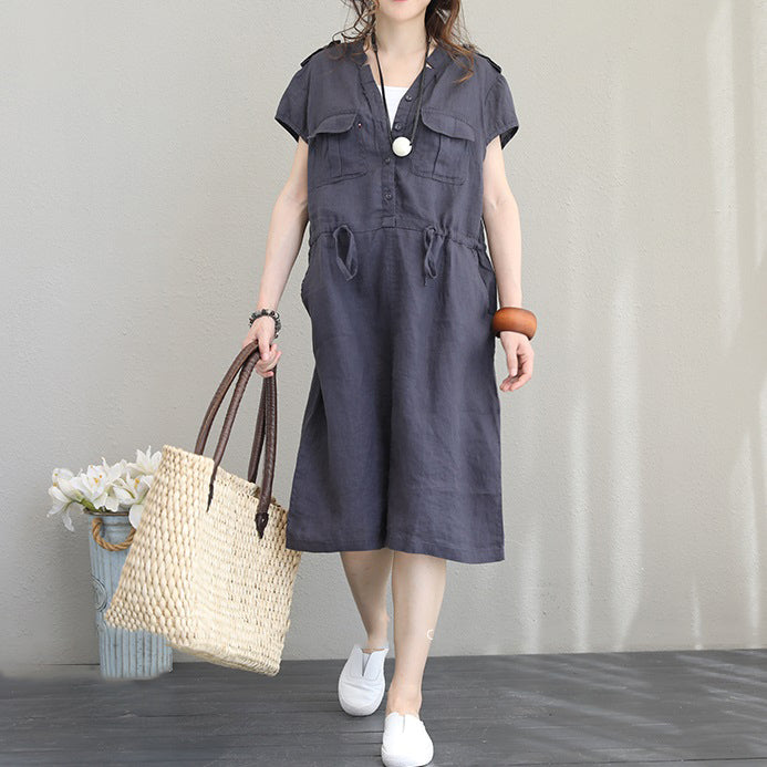 boutique gray blue Midi linen dresses oversize traveling dress vintage short sleeve v neck tie waist natural linen dress