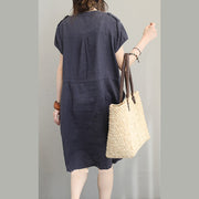 Boutique grau blau Midi-Leinenkleider Oversize-Reisekleid Vintage-Kurzarm-V-Ausschnitt mit Bindebund in der Taille Naturleinenkleid