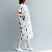 boutique gray print pure cotton dress plus size casual dress boutique short sleeve pockets Turn-down Collar hollow out midi dress