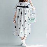 boutique gray print pure cotton dress plus size casual dress boutique short sleeve pockets Turn-down Collar hollow out midi dress