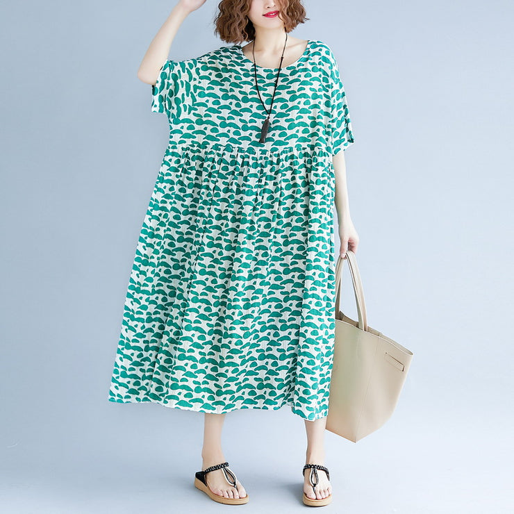 Boutique-grüne Baumwoll-Leinen-Kleider in Übergröße Kleidung Kurzarm-Baggy-Kleider Boutique-O-Ausschnitt Leinen-Baumwollkleid