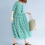 Boutique-grüne Baumwoll-Leinen-Kleider in Übergröße Kleidung Kurzarm-Baggy-Kleider Boutique-O-Ausschnitt Leinen-Baumwollkleid