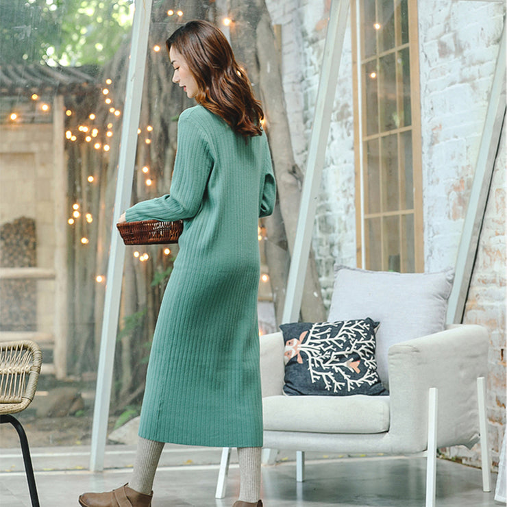 boutique green knit dresses plus size V neck long knit sweaters 2018 Square Collar pockets winter dresses