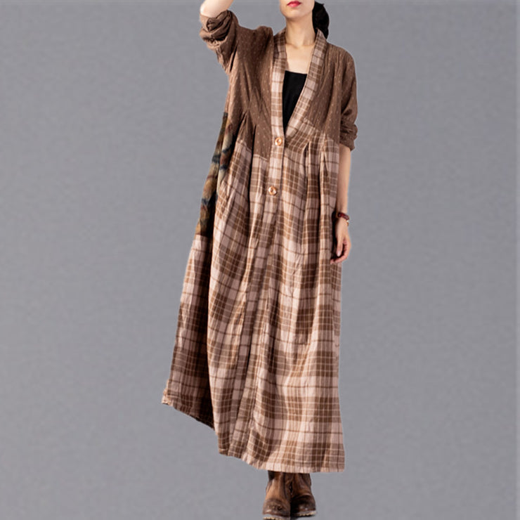 boutique khaki Plaid coats Loose fitting V neck large hem long coat boutique patchwork maxi coat