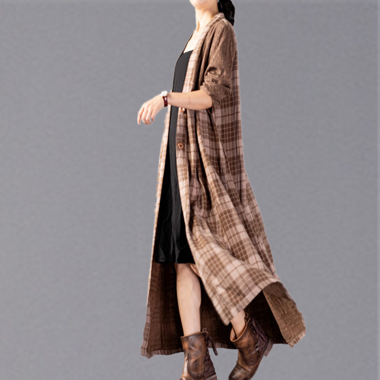 boutique khaki Plaid coats Loose fitting V neck large hem long coat boutique patchwork maxi coat